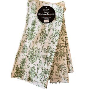 NEW Set 2 Kitchen Towels HERBS HERBAL Garden Green White Colordrift 100% Cotton